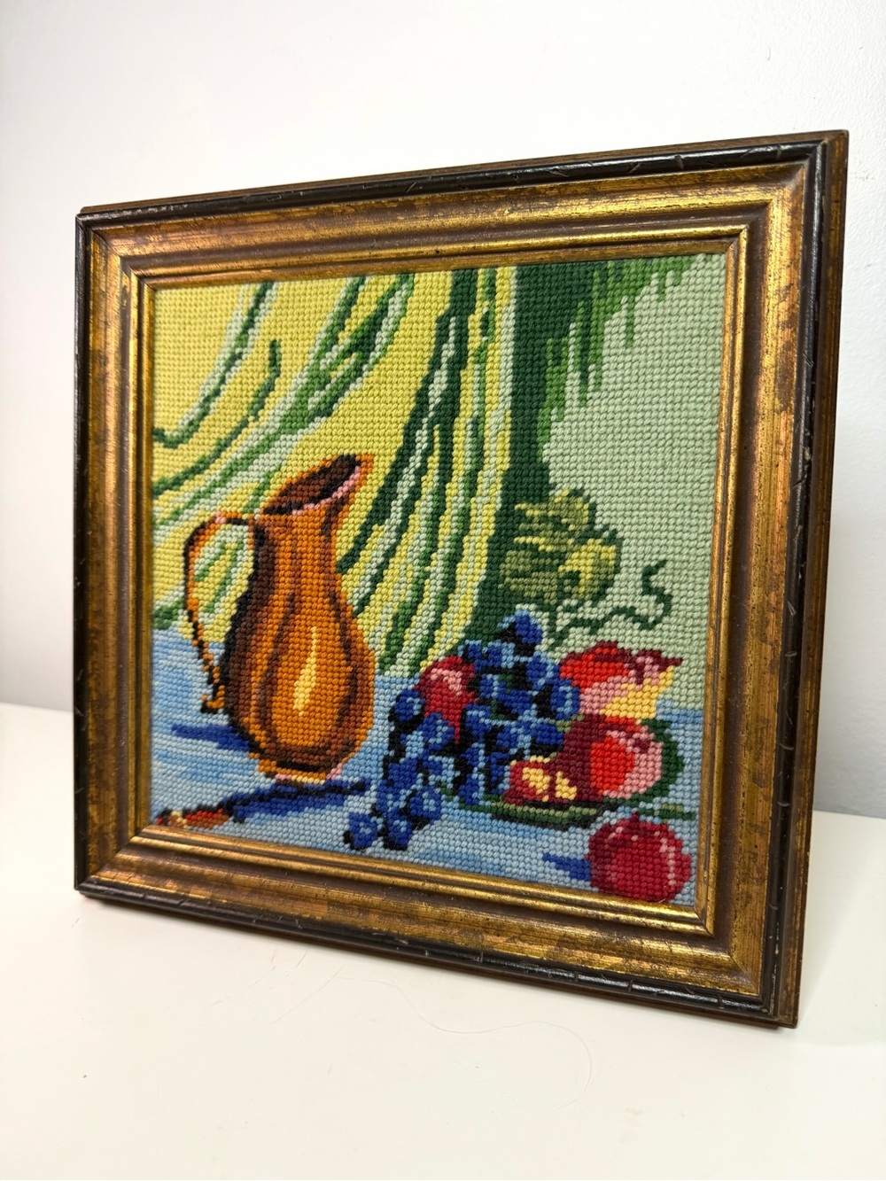 1970s Vintage Framed Needlepoint Still Life